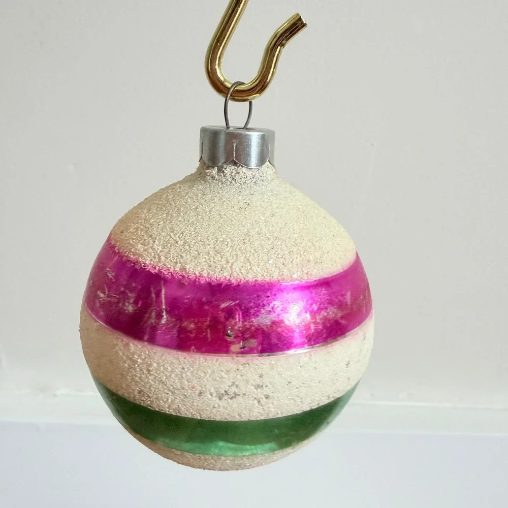 George Franke Pair Christmas Ornaments Pink Green Striped Mica USA MCM 1950's